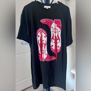 Black T-Shirt Dress with Red and White Cowboy Boot Design and Tassels